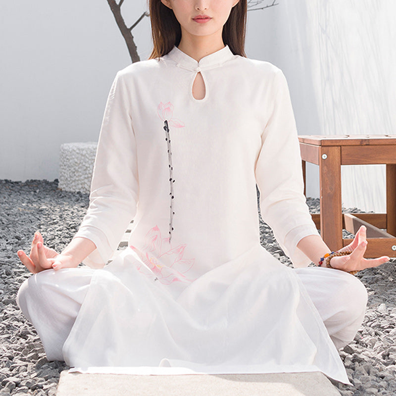 Buddha Stones 2 szt. Wzór Lotosu Tai Chi Medytacja Joga Bawełna Len Odzież Top Spodnie Zestaw damski - Biały (top i spodnie) - US12, UK/AU16, EU44 (2XL)  - image 0