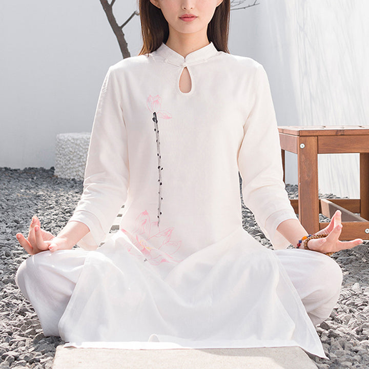 Buddha Stones 2 szt. Wzór Lotosu Tai Chi Medytacja Joga Bawełna Len Odzież Top Spodnie Zestaw damski - Biały (top i spodnie) - US12, UK/AU16, EU44 (2XL)  - image 0