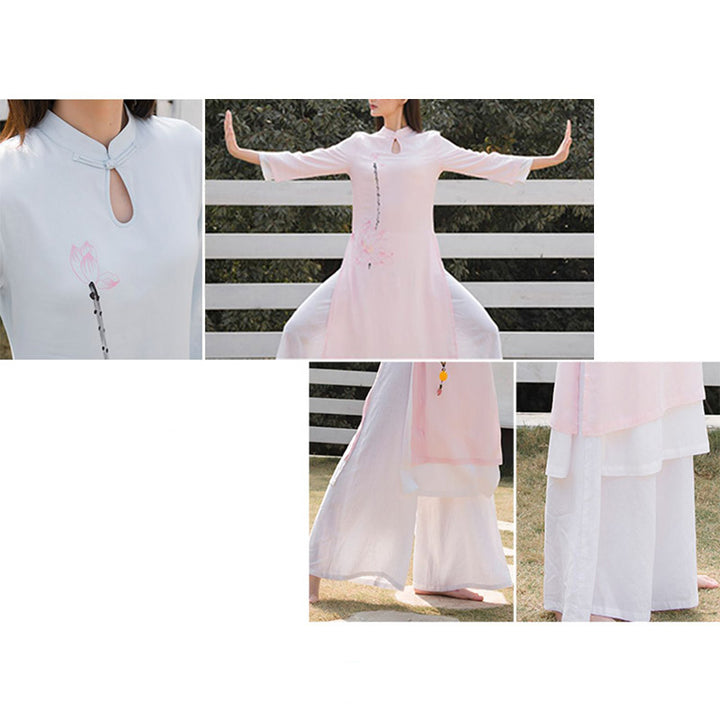 Buddha Stones 2 szt. Wzór Lotosu Tai Chi Medytacja Joga Bawełna Len Odzież Top Spodnie Zestaw damski - image 23