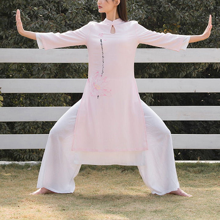 Buddha Stones 2 szt. Wzór Lotosu Tai Chi Medytacja Joga Bawełna Len Odzież Top Spodnie Zestaw damski - image 16