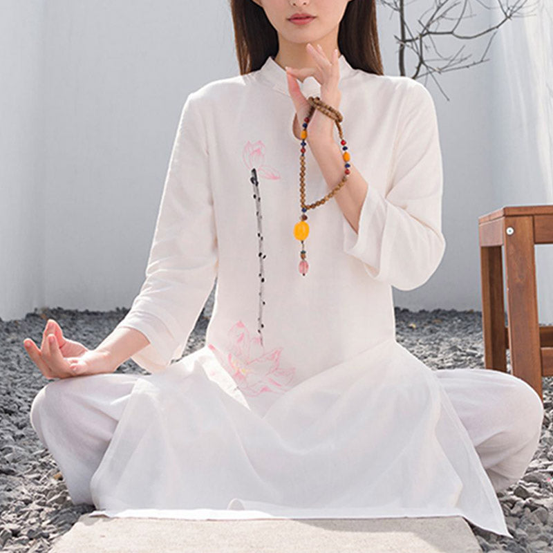 Buddha Stones 2 szt. Wzór Lotosu Tai Chi Medytacja Joga Bawełna Len Odzież Top Spodnie Zestaw damski - image 4