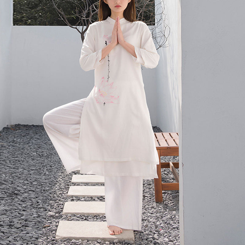 Buddha Stones 2 szt. Wzór Lotosu Tai Chi Medytacja Joga Bawełna Len Odzież Top Spodnie Zestaw damski - image 1