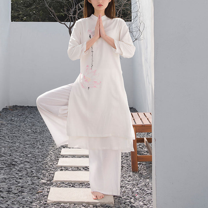 Buddha Stones 2 szt. Wzór Lotosu Tai Chi Medytacja Joga Bawełna Len Odzież Top Spodnie Zestaw damski - image 1