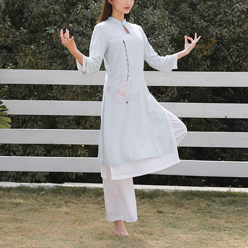 Buddha Stones 2 szt. Wzór Lotosu Tai Chi Medytacja Joga Bawełna Len Odzież Top Spodnie Zestaw damski - image 12