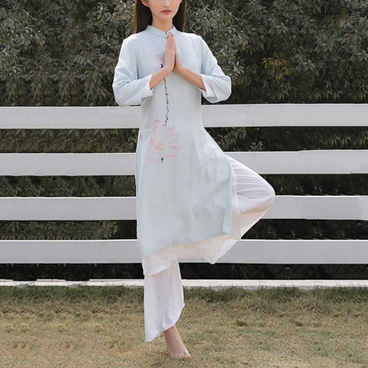 Buddha Stones 2 szt. Wzór Lotosu Tai Chi Medytacja Joga Bawełna Len Odzież Top Spodnie Zestaw damski - image 7