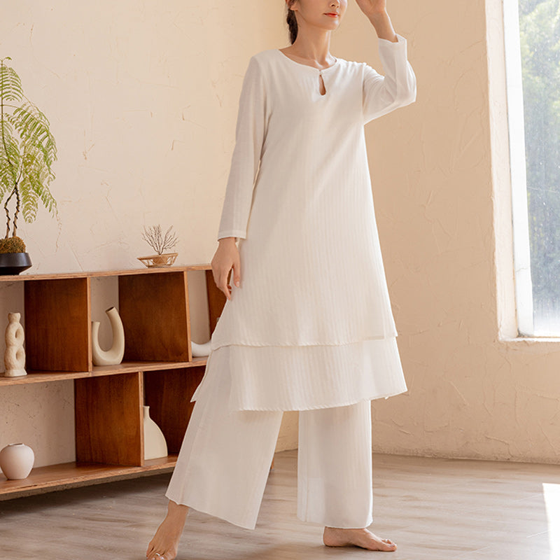 Buddha Stones 2 szt. Prosty design Tai Chi Medytacja Joga Odzież Top Spodnie Zestaw damski - Biały (top i spodnie) - US14, UK/AU18, EU46 (2XL)  - image 0