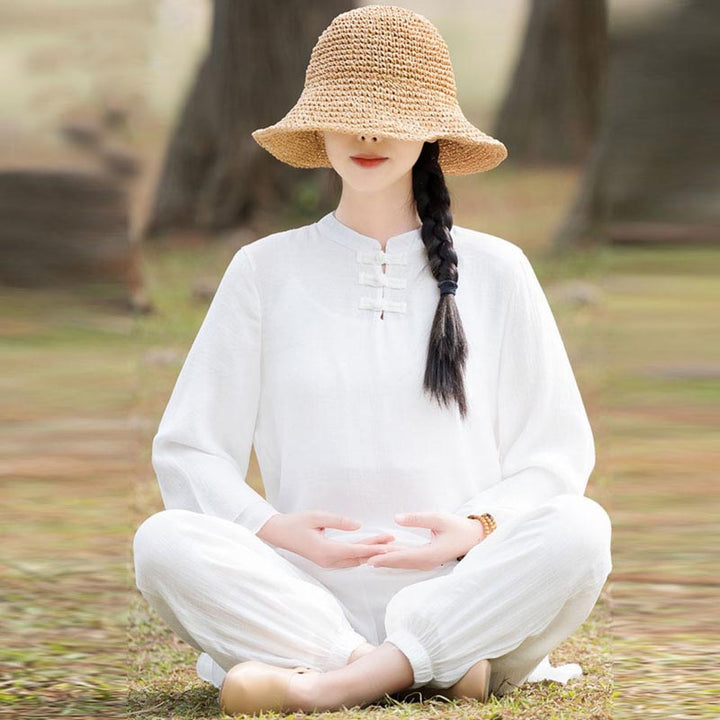 Buddha Stones 2 szt. Gładki wzór Top Spodnie Medytacja Joga Zen Tai Chi Bawełna Lniana Odzież Damska Zestaw - Biały guzik z żabą chińską z przodu (top i spodnie) - US8-10，UK/AU12-14，EU40-42 (2XL) - image 16