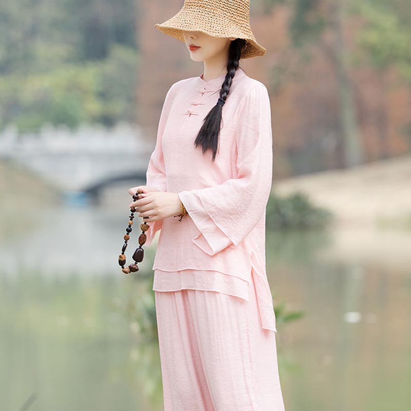 Buddha Stones 2 szt. Gładki wzór Top Spodnie Medytacja Joga Zen Tai Chi Bawełna Lniana Odzież Damska Zestaw - image 2