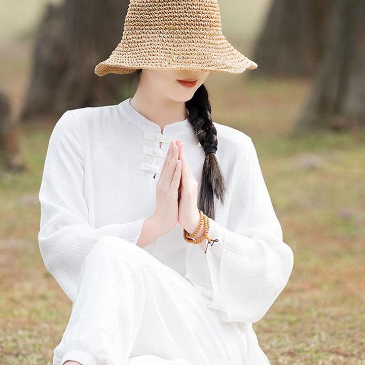 Buddha Stones 2 szt. Gładki wzór Top Spodnie Medytacja Joga Zen Tai Chi Bawełna Lniana Odzież Damska Zestaw - image 18