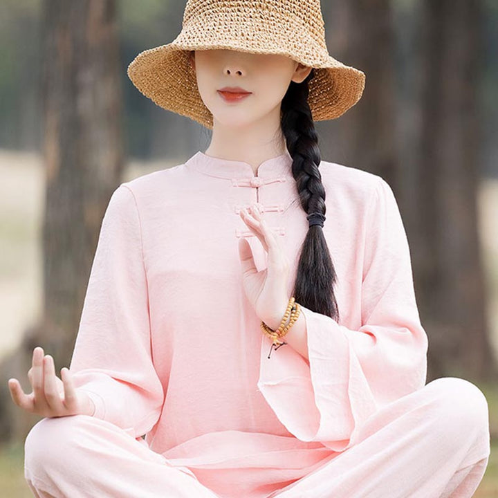 Buddha Stones 2 szt. Gładki wzór Top Spodnie Medytacja Joga Zen Tai Chi Bawełna Lniana Odzież Damska Zestaw - image 14