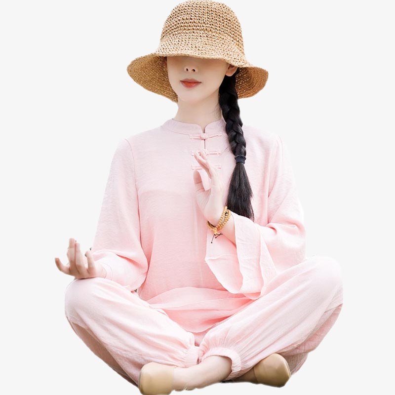 Buddha Stones 2 szt. Gładki wzór Top Spodnie Medytacja Joga Zen Tai Chi Bawełna Lniana Odzież Damska Zestaw - image 15