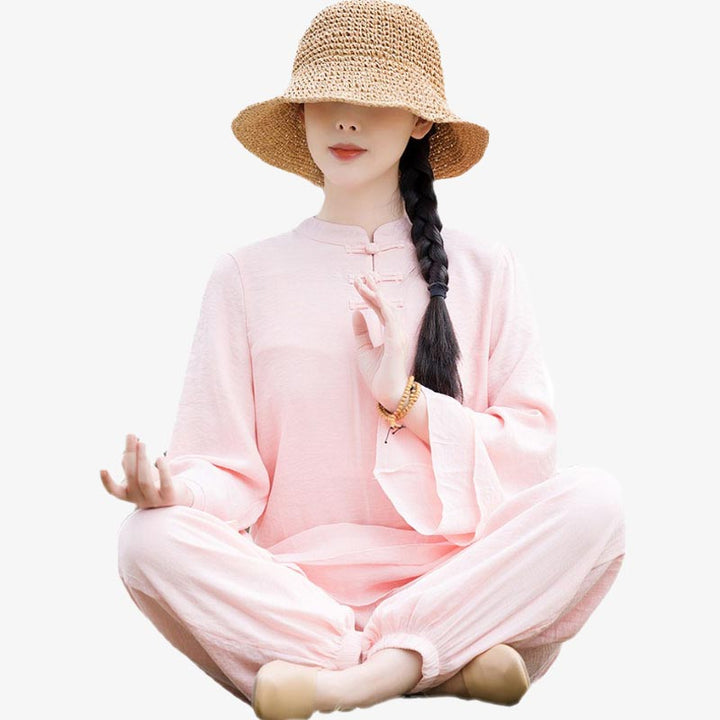 Buddha Stones 2 szt. Gładki wzór Top Spodnie Medytacja Joga Zen Tai Chi Bawełna Lniana Odzież Damska Zestaw - image 15