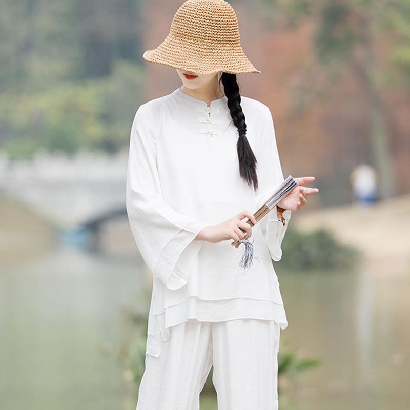 Buddha Stones 2 szt. Gładki wzór Top Spodnie Medytacja Joga Zen Tai Chi Bawełna Lniana Odzież Damska Zestaw - image 17