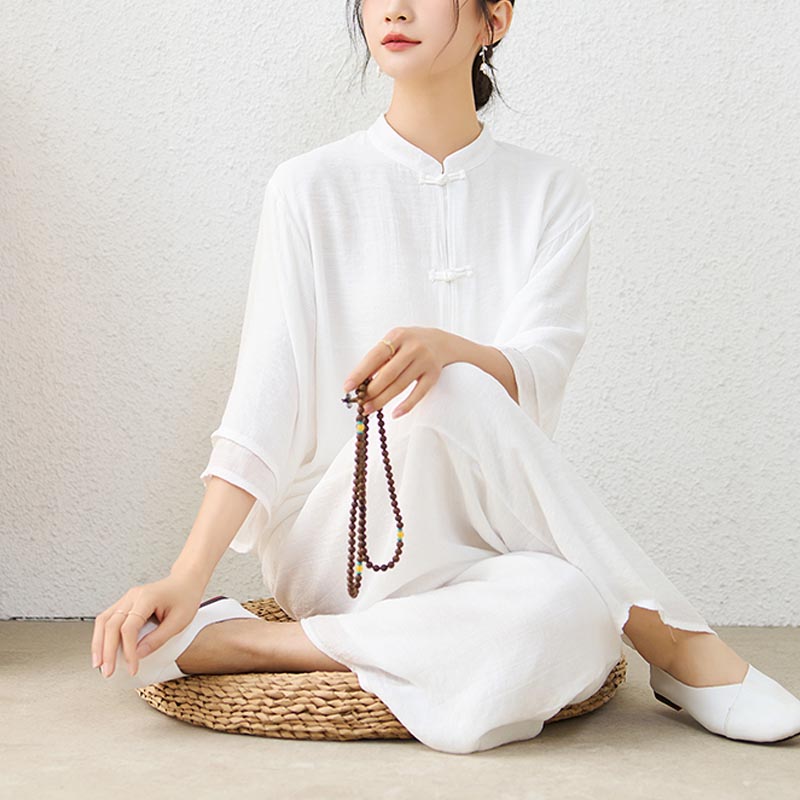 Buddha Stones 2 szt. Proste chińskie żaby guziki spodnie do medytacji joga zen tai chi bawełna odzież damska zestaw - Biały (top i spodnie) - US12, UK/AU16, EU44 (2XL) - image 8