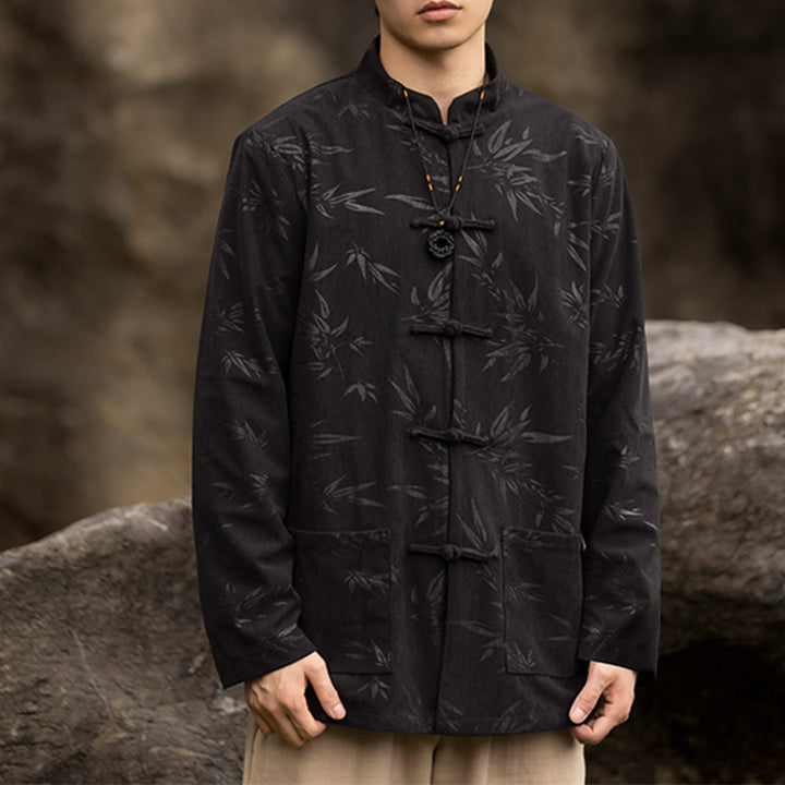 Buddha Stones Bambusa Odzież Chiński Garnitur Tang Kurtka Płaszcz Męska Odzież - Czarny (tylko góra) - US/UK/AU46， EU56 (5XL)  - image 5