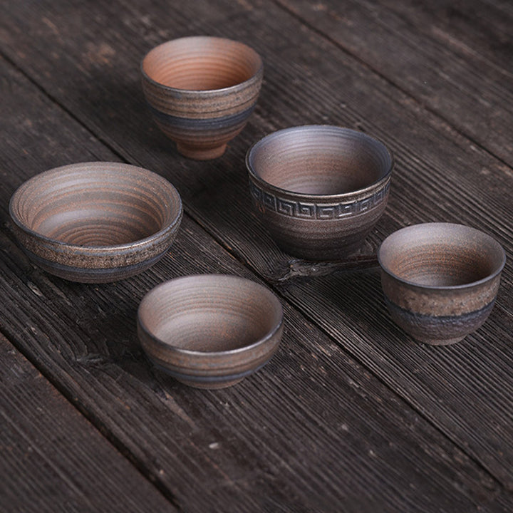Buddha Stones Prosta Brązowa Tekstura Pasków Ceramiczna Filiżanka Do Herbaty Kung Fu Miska
