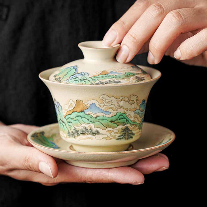 Buddha Stones Panorama Rzek i Gór Kwiaty Ceramiczny Gaiwan Sancai Filiżanka Kung Fu Filiżanka I Spodek Z Pokrywką - Panorama rzek i gór 12cm*9cm*100ml - image 0