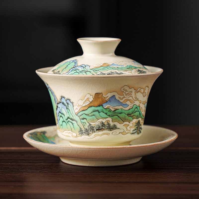 Buddha Stones Panorama Rzek i Gór Kwiaty Ceramiczny Gaiwan Sancai Filiżanka Kung Fu Filiżanka I Spodek Z Pokrywką
