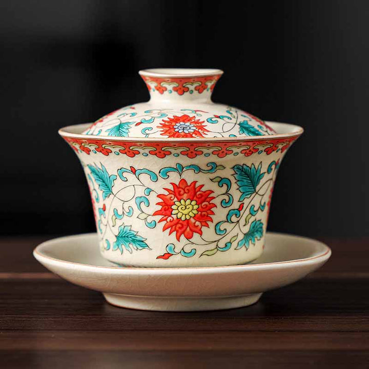 Buddha Stones Panorama Rzek i Gór Kwiaty Ceramiczny Gaiwan Sancai Filiżanka Kung Fu Filiżanka I Spodek Z Pokrywką - Kwiat 12cm*9cm*100ml - image 8