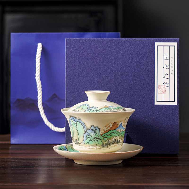 Buddha Stones Panorama Rzek i Gór Kwiaty Ceramiczny Gaiwan Sancai Filiżanka Kung Fu Filiżanka I Spodek Z Pokrywką
