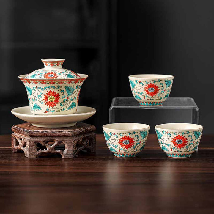 Buddha Stones Panorama Rzek i Gór Kwiaty Ceramiczny Gaiwan Sancai Filiżanka Kung Fu Filiżanka I Spodek Z Pokrywką - 4 sztuki kwiatów (1 szt. 12 cm * 9 cm * 100 ml i 3 szt. 6,5 * 4 cm * 40 ml) - image 14
