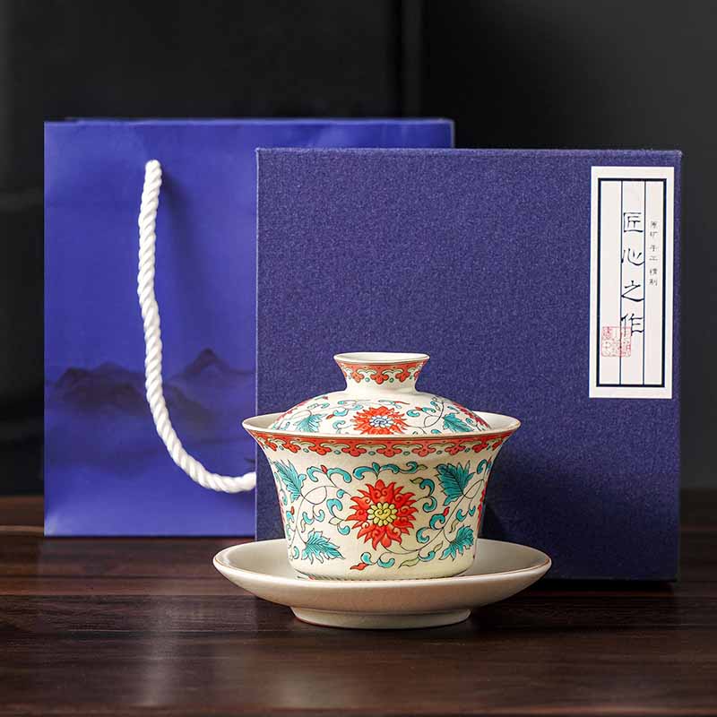 Buddha Stones Panorama Rzek i Gór Kwiaty Ceramiczny Gaiwan Sancai Filiżanka Kung Fu Filiżanka I Spodek Z Pokrywką - Kwiat 12 cm * 9 cm * 100 ml z pudełkiem prezentowym - image 12