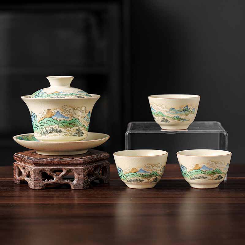 Buddha Stones Panorama Rzek i Gór Kwiaty Ceramiczny Gaiwan Sancai Filiżanka Kung Fu Filiżanka I Spodek Z Pokrywką