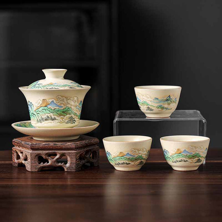 Buddha Stones Panorama Rzek i Gór Kwiaty Ceramiczny Gaiwan Sancai Filiżanka Kung Fu Filiżanka I Spodek Z Pokrywką - 4 SZT. Panorama rzek i gór (1 SZT. 12 cm * 9 cm * 100 ml i 3 SZT. 6,5 * 4 cm * 40 ml) - image 13