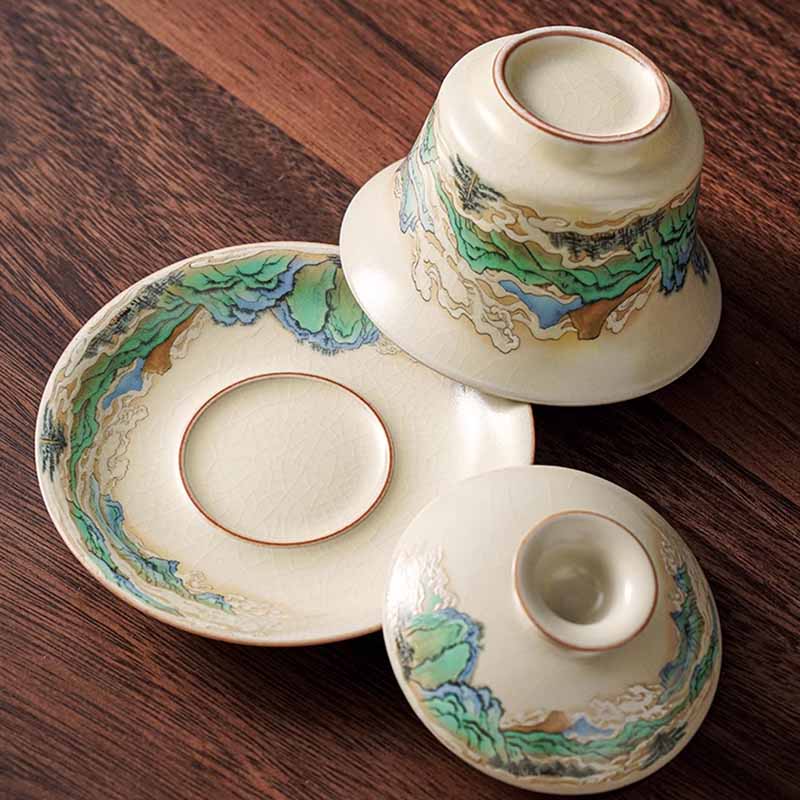 Buddha Stones Panorama Rzek i Gór Kwiaty Ceramiczny Gaiwan Sancai Filiżanka Kung Fu Filiżanka I Spodek Z Pokrywką