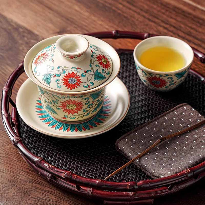 Buddha Stones Panorama Rzek i Gór Kwiaty Ceramiczny Gaiwan Sancai Filiżanka Kung Fu Filiżanka I Spodek Z Pokrywką