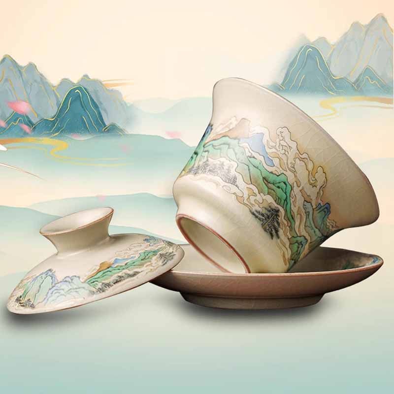 Buddha Stones Panorama Rzek i Gór Kwiaty Ceramiczny Gaiwan Sancai Filiżanka Kung Fu Filiżanka I Spodek Z Pokrywką