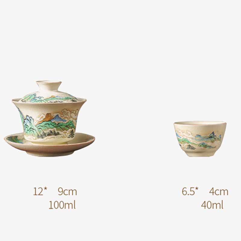 Buddha Stones Panorama Rzek i Gór Kwiaty Ceramiczny Gaiwan Sancai Filiżanka Kung Fu Filiżanka I Spodek Z Pokrywką