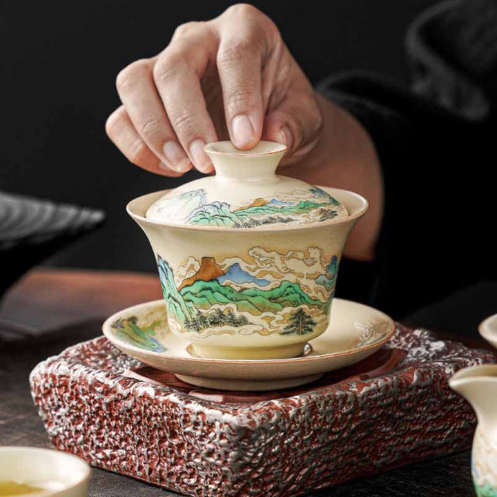 Buddha Stones Panorama Rzek i Gór Kwiaty Ceramiczny Gaiwan Sancai Filiżanka Kung Fu Filiżanka I Spodek Z Pokrywką