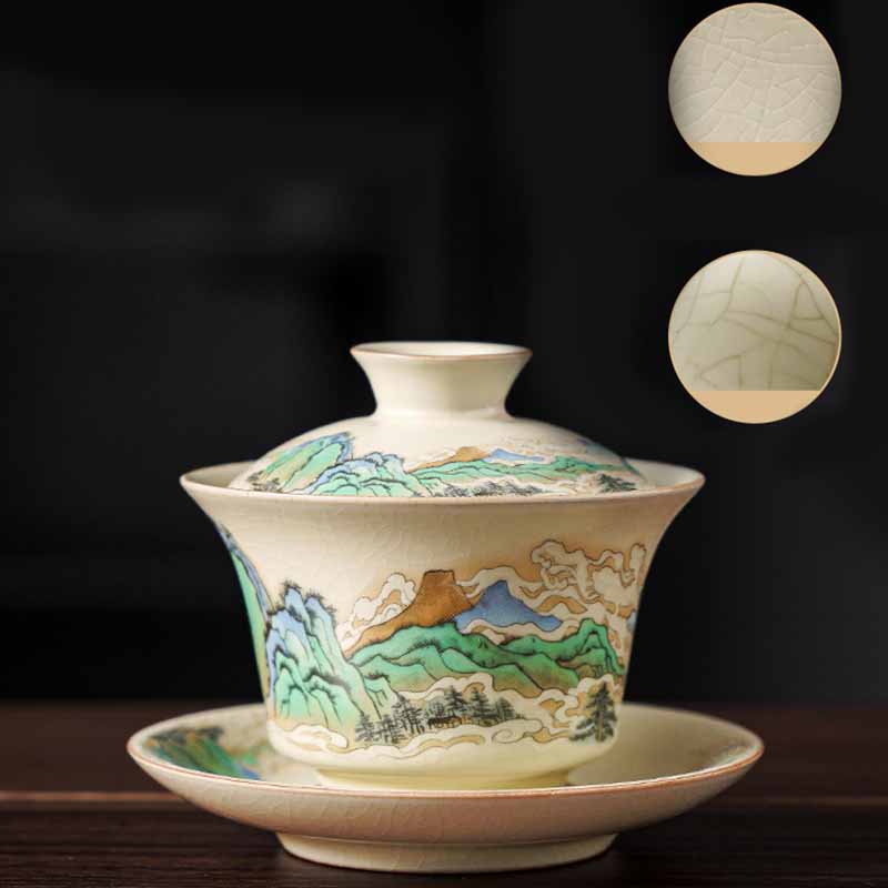 Buddha Stones Panorama Rzek i Gór Kwiaty Ceramiczny Gaiwan Sancai Filiżanka Kung Fu Filiżanka I Spodek Z Pokrywką