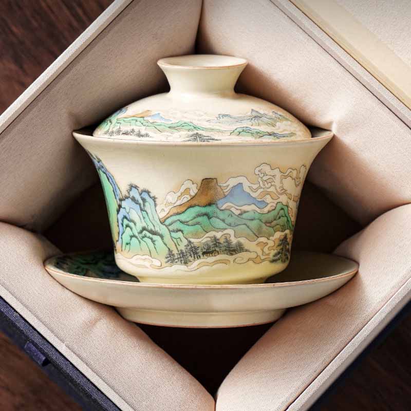 Buddha Stones Panorama Rzek i Gór Kwiaty Ceramiczny Gaiwan Sancai Filiżanka Kung Fu Filiżanka I Spodek Z Pokrywką