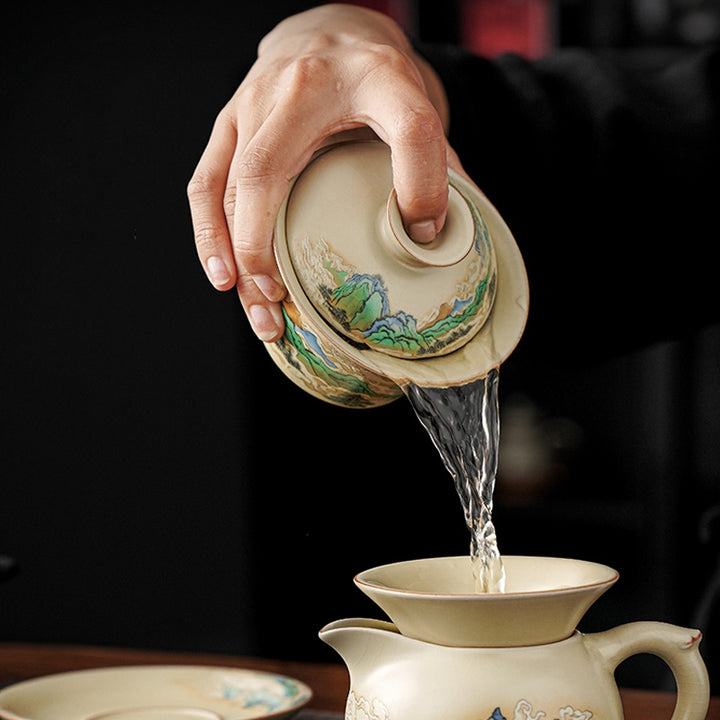 Buddha Stones Panorama Rzek i Gór Kwiaty Ceramiczny Gaiwan Sancai Filiżanka Kung Fu Filiżanka I Spodek Z Pokrywką