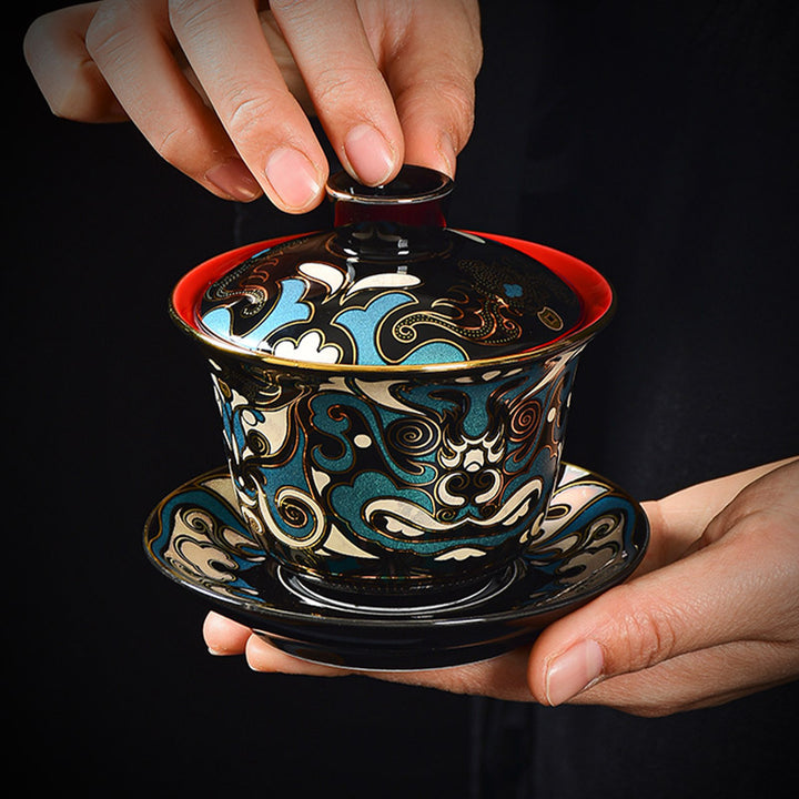 Buddha Stones , maska z opery pekińskiej, ceramiczny Gaiwan Sancai, filiżanka do herbaty Kung Fu, filiżanka i spodek z pokrywką, czajniczek