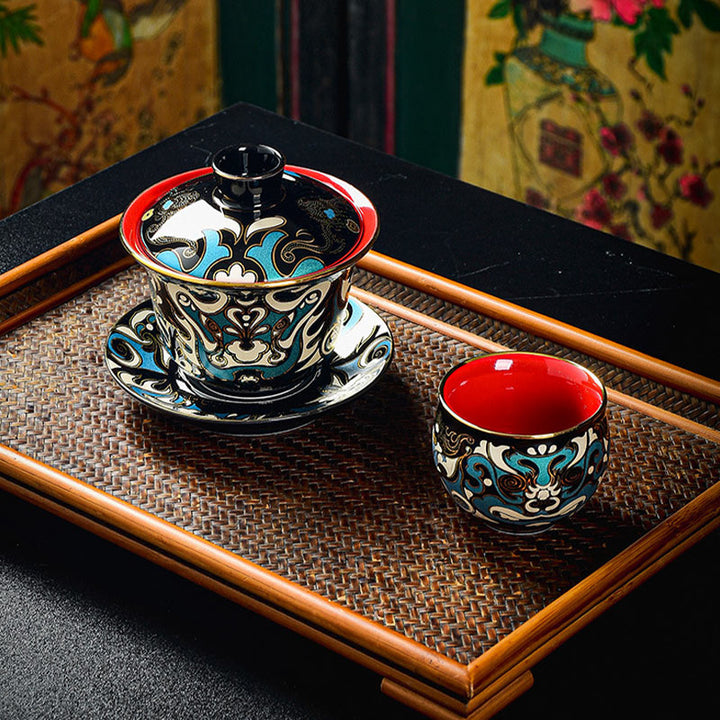 Buddha Stones , maska z opery pekińskiej, ceramiczny Gaiwan Sancai, filiżanka do herbaty Kung Fu, filiżanka i spodek z pokrywką, czajniczek