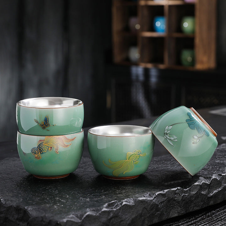 Buddha Stones Motyl Złota Rybka Lotos Ryba Koi Ceramiczna Filiżanka Kung Fu Filiżanka do Herbaty 120ml