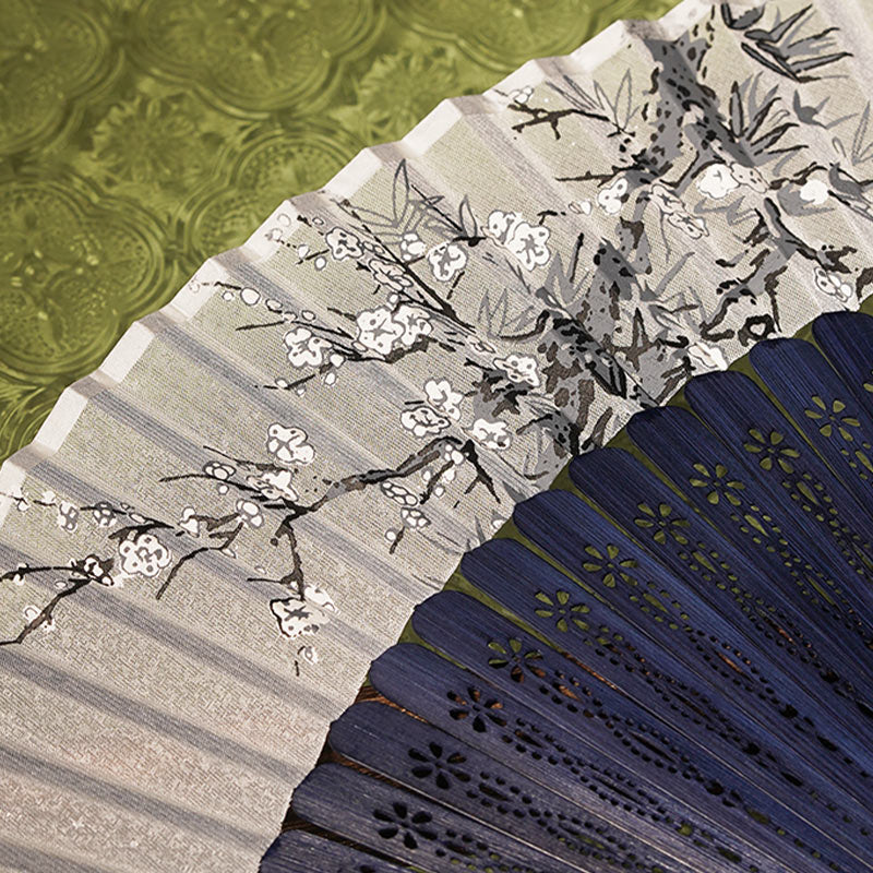 Buddha Stones Starożytne Kwiaty Gałęzie Ręczny Składany Wachlarz Bambusowy 21 cm