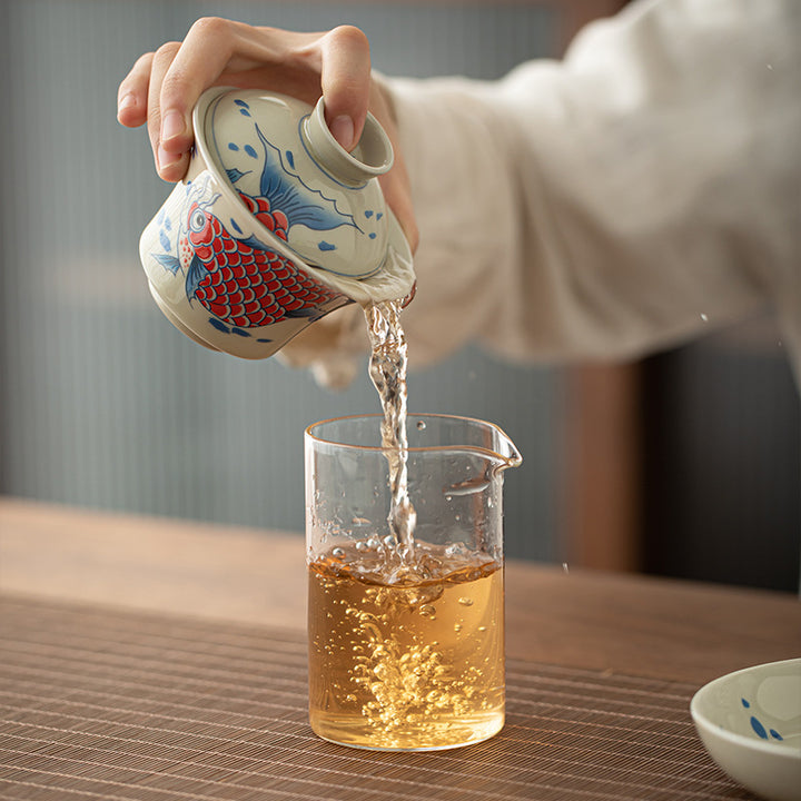 Buddha Stones Koi Fish Arowana Ceramic Gaiwan Sancai Filiżanka Kung Fu Filiżanka do herbaty z pokrywką 130ml