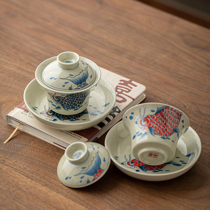 Buddha Stones Koi Fish Arowana Ceramic Gaiwan Sancai Filiżanka Kung Fu Filiżanka do herbaty z pokrywką 130ml