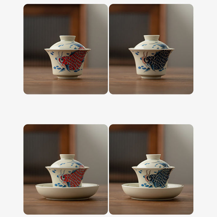 Buddha Stones Koi Fish Arowana Ceramic Gaiwan Sancai Filiżanka Kung Fu Filiżanka do herbaty z pokrywką 130ml