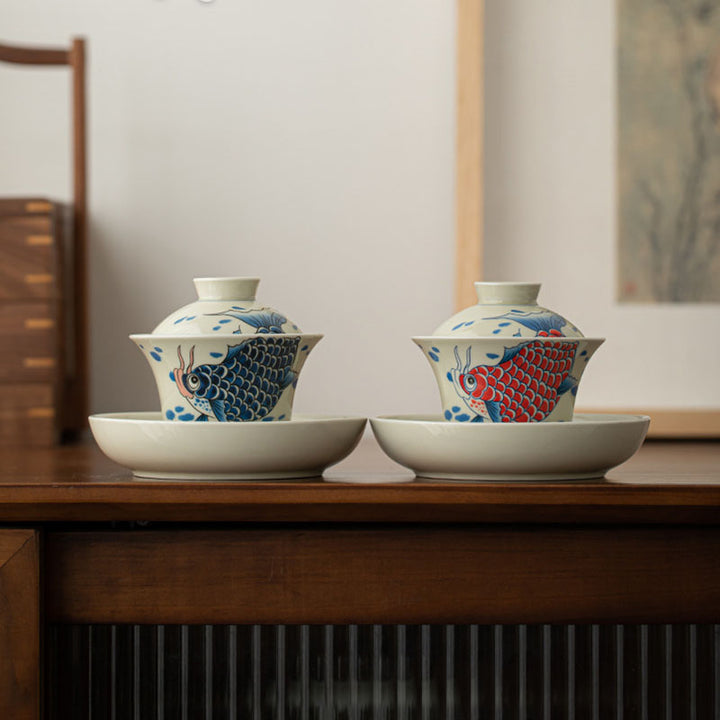 Buddha Stones Koi Fish Arowana Ceramic Gaiwan Sancai Filiżanka Kung Fu Filiżanka do herbaty z pokrywką 130ml
