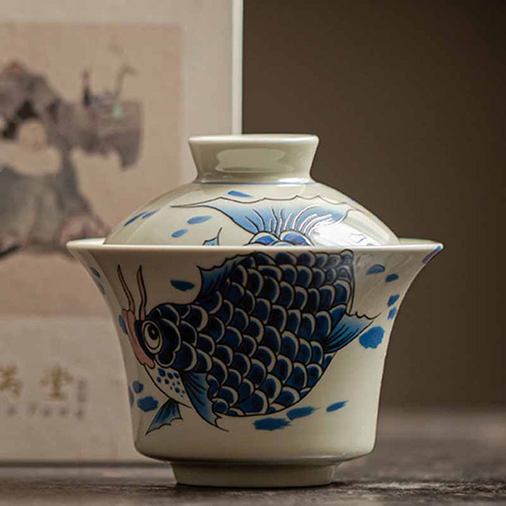 Buddha Stones Koi Fish Arowana Ceramic Gaiwan Sancai Filiżanka Kung Fu Filiżanka do herbaty z pokrywką 130ml