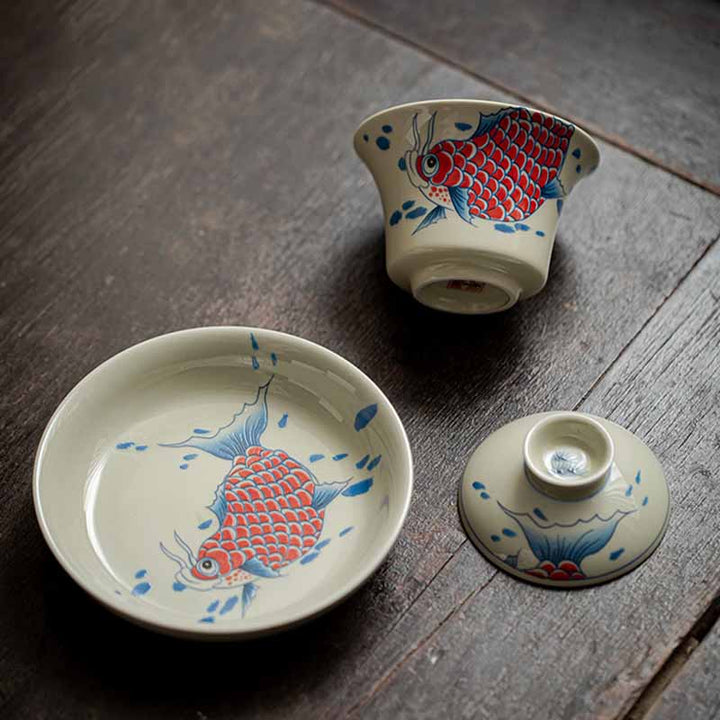 Buddha Stones Koi Fish Arowana Ceramic Gaiwan Sancai Filiżanka Kung Fu Filiżanka do herbaty z pokrywką 130ml