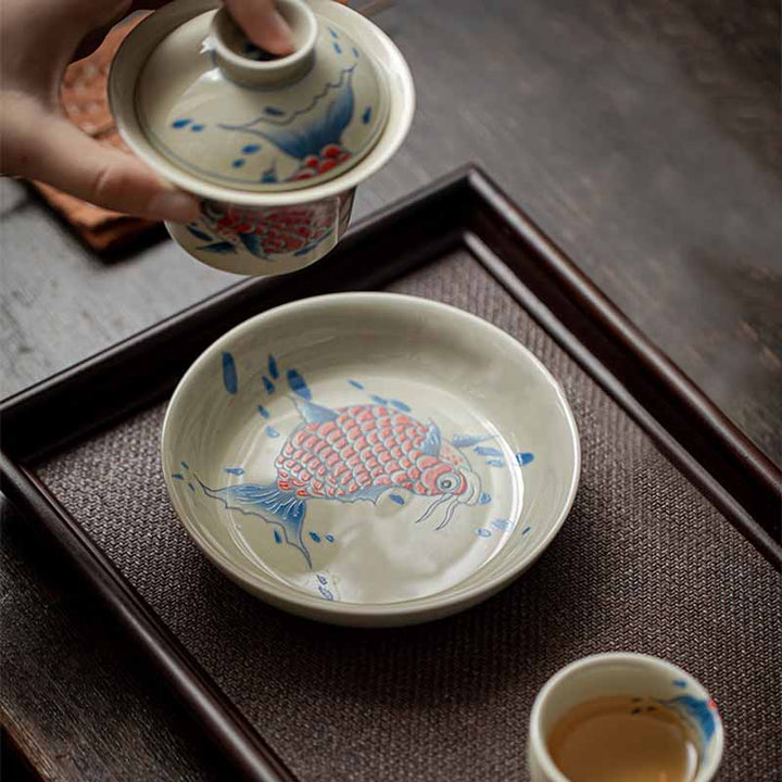 Buddha Stones Koi Fish Arowana Ceramic Gaiwan Sancai Filiżanka Kung Fu Filiżanka do herbaty z pokrywką 130ml