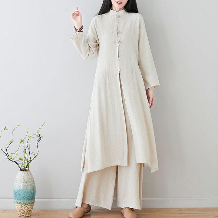 Buddha Stones 2 szt. Chiński guzik żaby Zen Tai Chi Medytacja Odzież Bawełniana Lniana Top Spodnie Zestaw damski - Beżowy (top i spodnie) - US8-10，UK/AU12-14，EU40-42 (2XL) - image 0