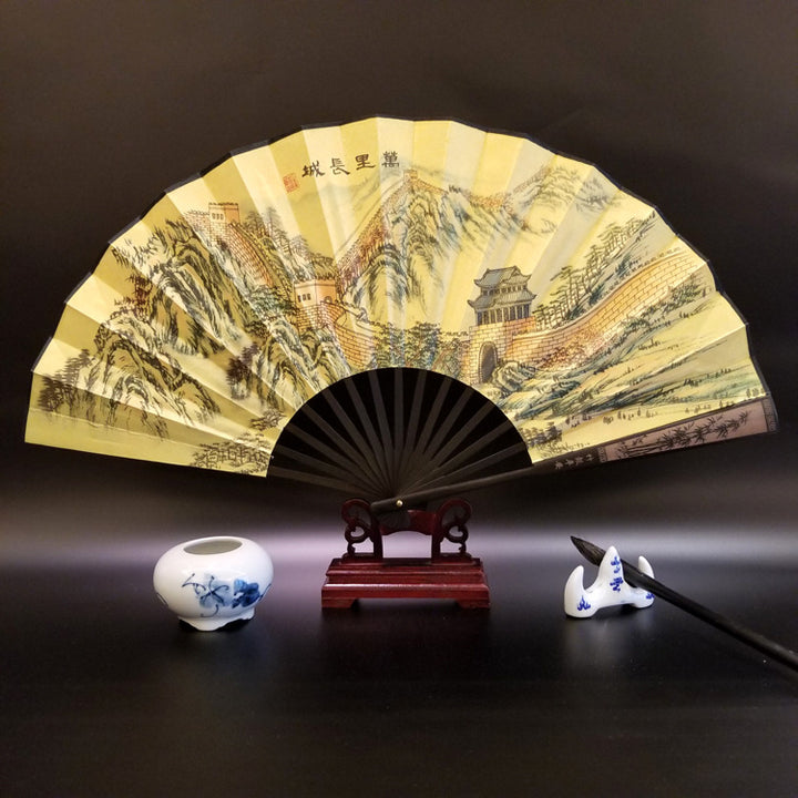 Buddha Stones Wielki Mur Góry Drzewa Żuraw Bambus Ręczny Bambusowy Składany Wentylator 33,5 cm