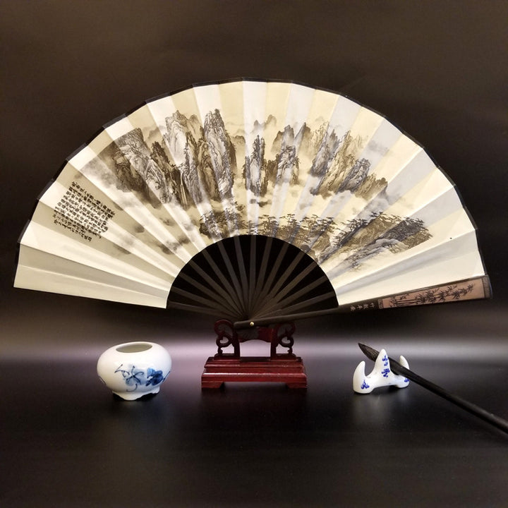 Buddha Stones Wielki Mur Góry Drzewa Żuraw Bambus Ręczny Bambusowy Składany Wentylator 33,5 cm